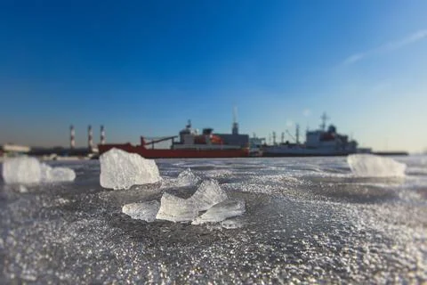 Massive different ship vessels trapped in ice tries to break and leave the ba Stock Photos