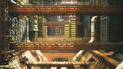 Massive engineering chamber with layered walkways and dramatic lighting Stock Footage 347265233