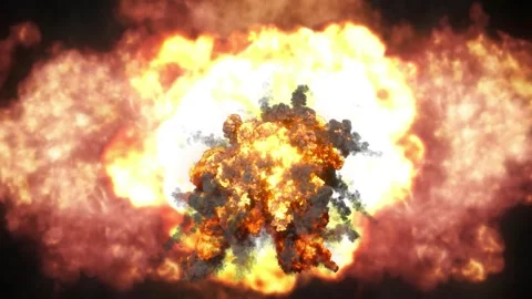 Massive explosion with intense fire and smoke in dark industrial setting for Stock Footage 345305576