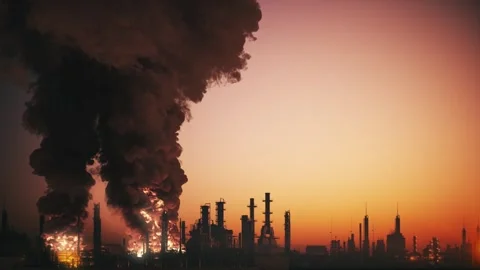 Massive Explosion at Oil Refinery with Fire and Smoke Stock Footage 336331026
