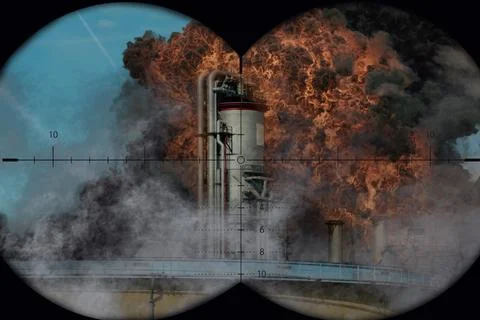 Massive fire at industrial facility observed through optical surveillance s.. 스톡 사진