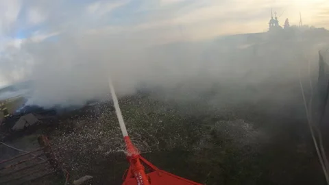 Massive fire in the village.Work of firefighters. Stock Footage 157558154