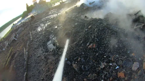 Massive fire in the village.Work of firefighters. Stock Footage 157558326