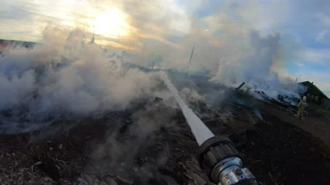 Massive fire in the village.Work of firefighters. Stock Footage 157558330