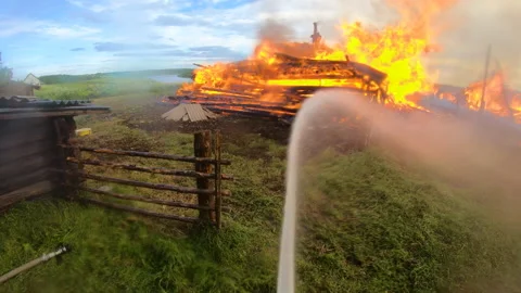 Massive fire in the village.Work of firefighters. Stock Footage 157558515