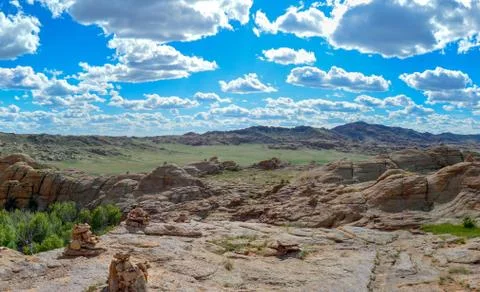 Massive Flat Rock Formations in Mongolia Stock Photos