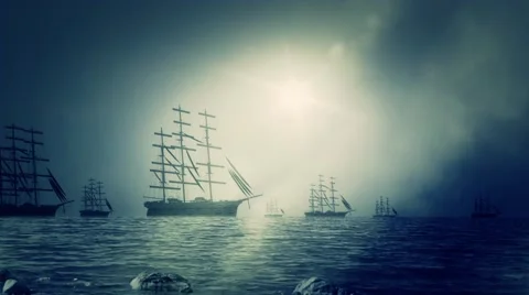 Massive Fleet of Sailing ships Sailing to Shore Stock Footage 64231593