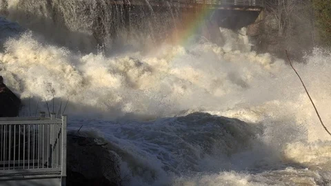 Massive flooding and raging river as tow... | Stock Video | Pond5