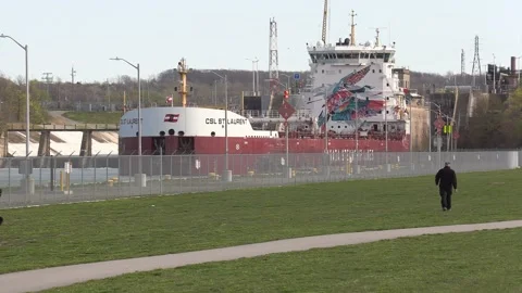 Massive freighter cargo container ship sailing the Welland canal Vídeo Stock 153341568