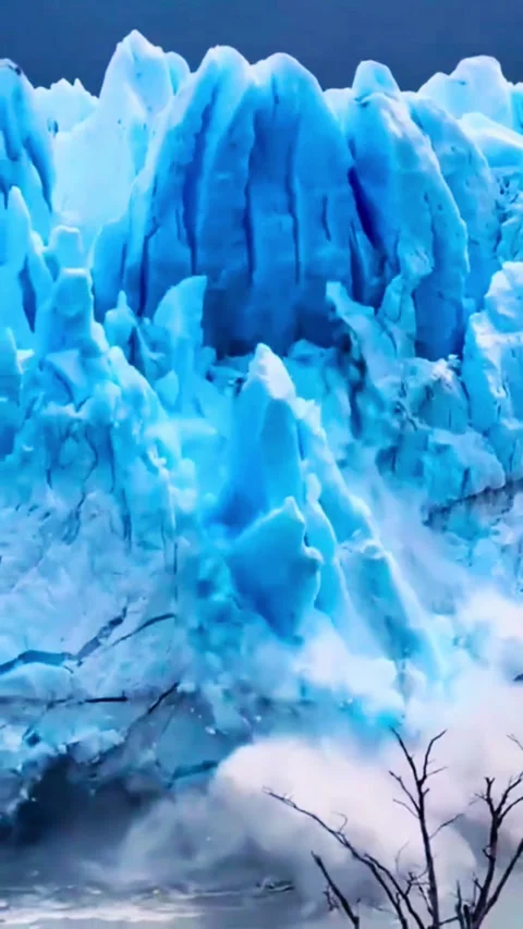 Massive glacial ice collapse causing huge splash in arctic water scenery. 库存影片 333607072