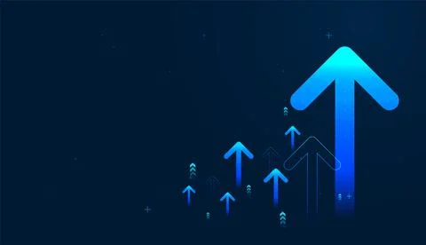 A massive gradient pointer leads smaller blue Arrows directly upward, visua.. Stock-Illustration