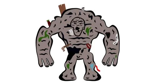 Massive gray rock golem creature branches sticks moss body strong arms Stock Illustration