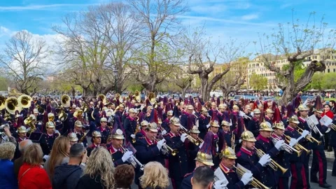 Massive Greek Philharmonic Marching Band with Trumpets and Drums at Holy Stock Footage 335355384