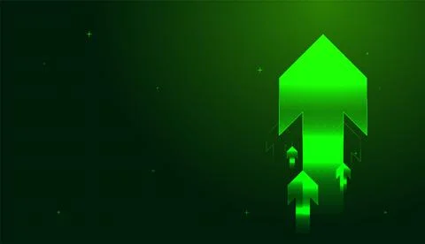 A massive green arrow dominates the frame, signaling a definitive rise in m.. 库存插图