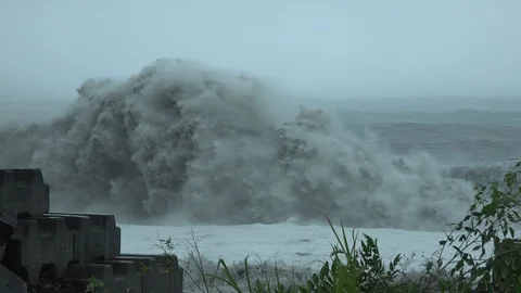Massive Hurricane Storm Surge Waves Break Onto Beach Stock Footage 116529921