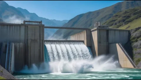 Massive Hydroelectric Dam with Powerful Water Flow in a Mountain Landscape Stock Footage 306804592