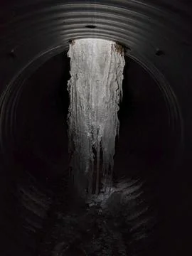 Massive Ice Pillar Inside a Dark Corrugated Culvert 스톡 사진