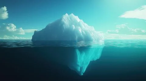 Massive iceberg floating in deep ocean water with sun rays shining through the Stock Photos