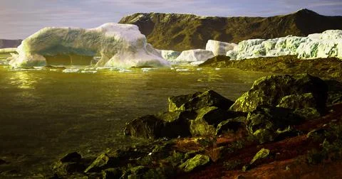 Massive icebergs float in a serene fjord at sunset in a remote location Stock Illustration