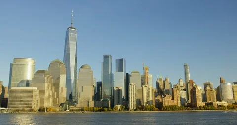 Massive Impressive Skyscrapers And Iconic World Trade Centre On Hudson River NYC Stock Footage 112187807