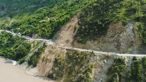 Massive Landslide Blocking a Road of Nepal - Aerial Stock Footage 96423866