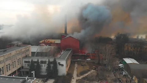 Massive large blaze fire in the city, aerial drone top view Stock Footage 163311799
