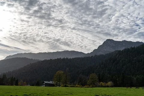 Massive mountain chain, forest and meadows of the German Alps Stock Photos