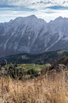 Massive mountain chain, forest and meadows of the German Alps Stock Photos