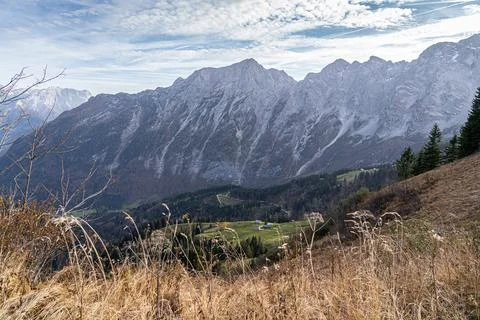 Massive mountain chain, forest and meadows of the German Alps Stock Photos
