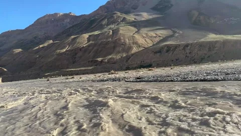 Massive muddy water flow in Spiti River during intense monsoon rains Stock Footage 312771830