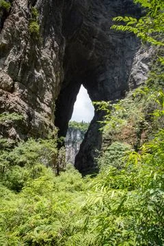 Massive natural rock arch frames lush greenery Photos