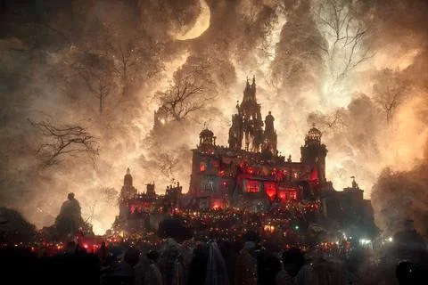 Massive night halloween party near huge gothic castle, neural network generated Stock Illustration