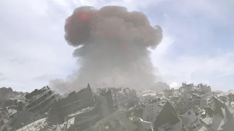 Massive Nuclear explosion close to destroyed city, aerial Stock Footage 266652153