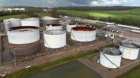 Massive oil and fuel storage depot, silos for LPG LNG energy security UK Stock Footage 330136133