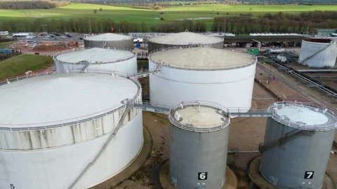 Massive oil and fuel storage depot, silos for LPG LNG energy security UK Stock Footage 330136232