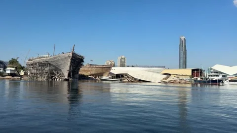 A massive, old, partially decayed wooden ship, weathered by time and the elem Stock Footage 301864948
