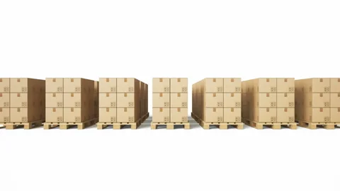 Massive of pallets with cardboard boxes on white background. 動画素材 112472710