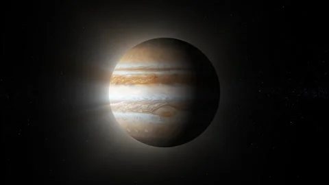 Massive Planet Jupiter Floating in the Universe Surrounded by Cosmic Nebula.. Video stock 313759093