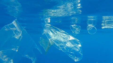 Massive plastic pollution. A lot of plastic debris drifting under surface of the Stock Footage 142571423
