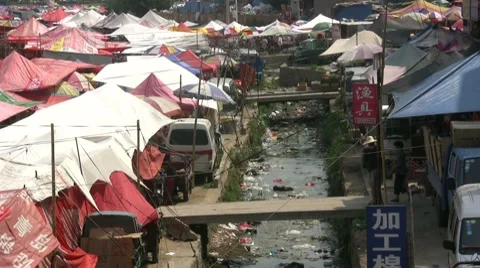 Massive pollution at Chinese market Stock Footage