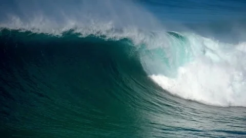 Massive powerful ocean wave crashing with white foam spray water Stock Footage 339133778