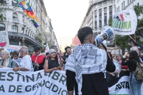 Massive protest in support of Palestine, in Buenos Aires, Argentina. Stock Photos