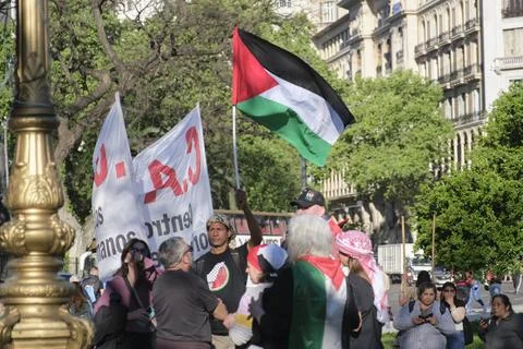Massive protest in support of Palestine, in Buenos Aires, Argentina. Stock Photos