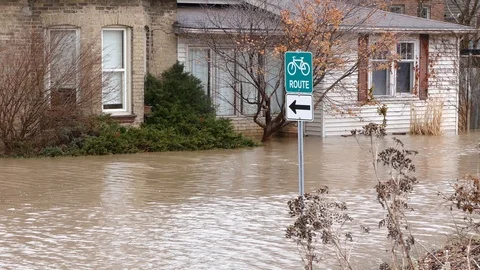 Massive river flooding with cars stranded in city of Brantford Canada Stock Footage 86184101