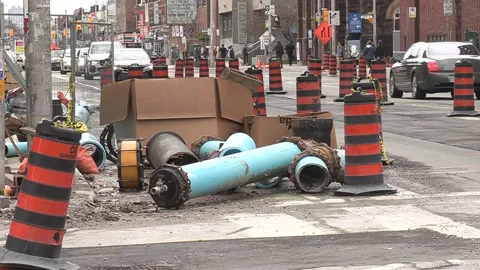 Massive road and infrastructure construction in downtown city streets 스톡 동영상 152120825