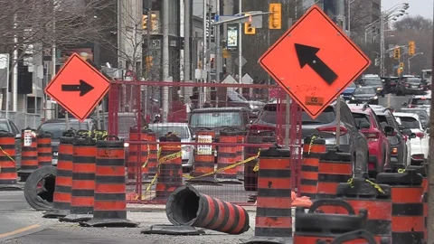 Massive road and infrastructure construction in downtown city streets Stock Footage 152121222