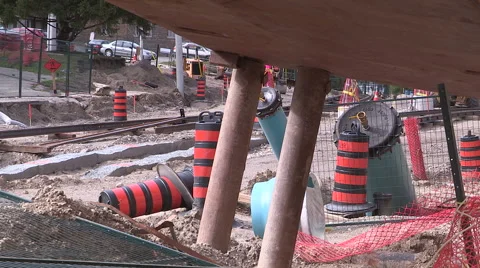 Massive road construction site in Kitchener for new rapid transit LRT line Stock Footage 56046871