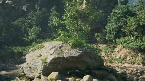 A massive rock formation surrounded by lush. mountain path. mountain path イラスト素材