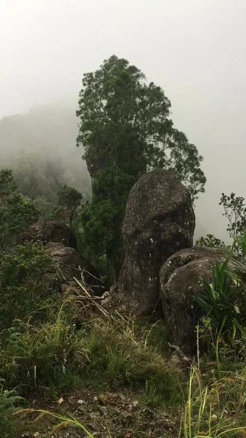 Massive Rock Formations on Misty Mountain Peak Under Foggy Sky 库存影片 348333342