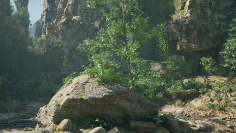 A massive rock surrounded by lush greenery in the wilderness. mountain path イラスト素材